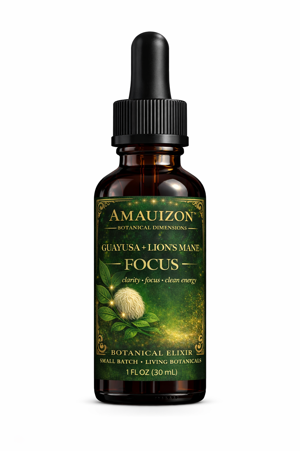 FOCUS Guayusa + Lion's Mane Botanical Elixir 30 mL amber bottle, UPC 726597515498