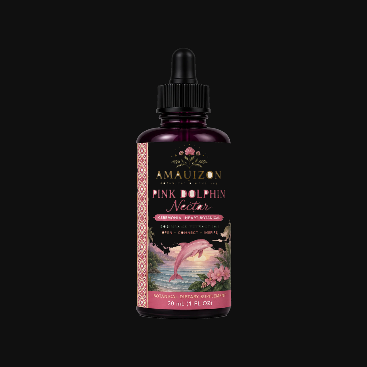 Pink Dolphin Nectar™ Bobinsana botanical tincture, 30 mL bottle with dropper — studio